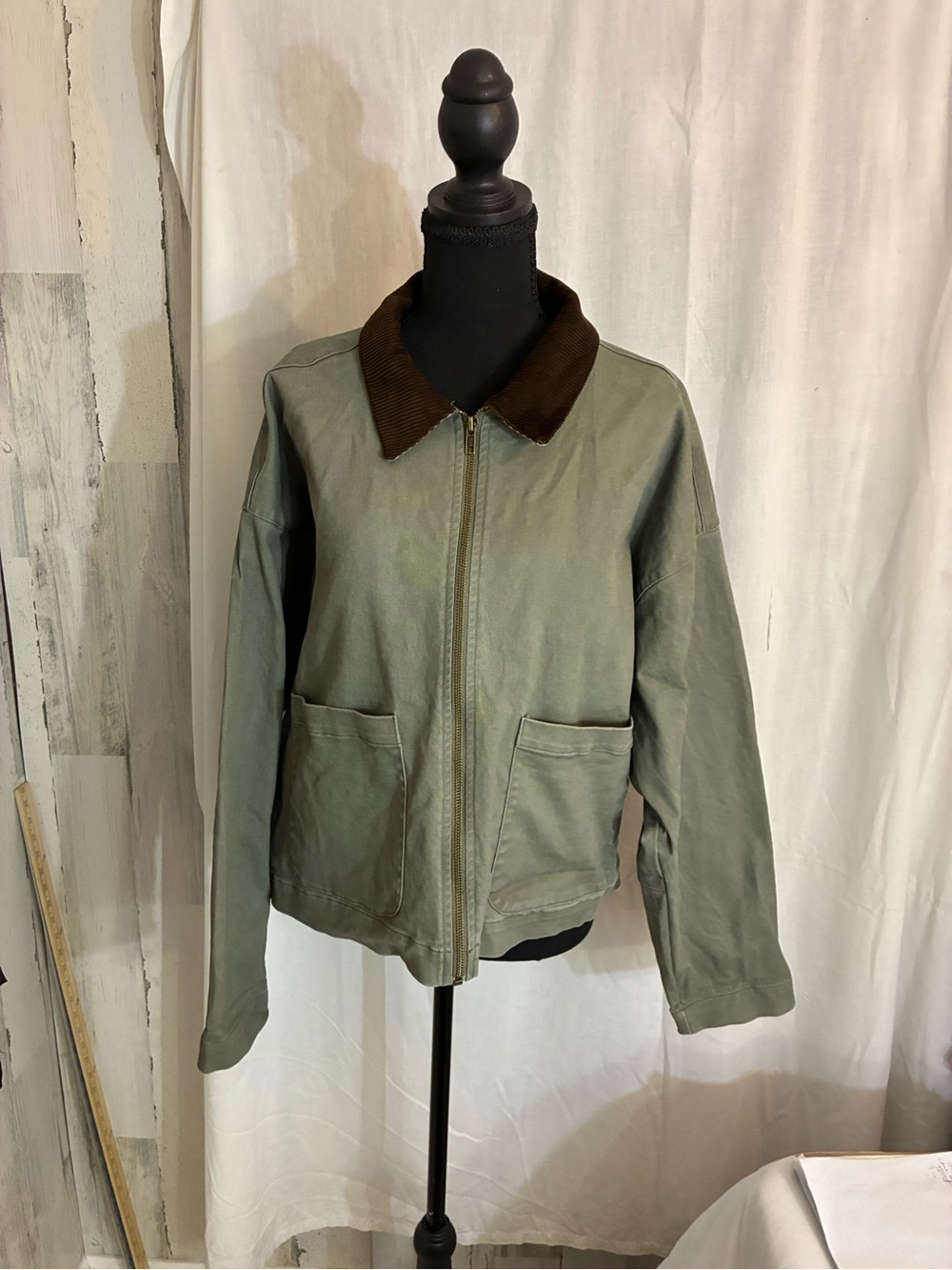 Lucky Brand Olive Green Utility Jacket with Brown Corduroy Collar Women’s Sz XL